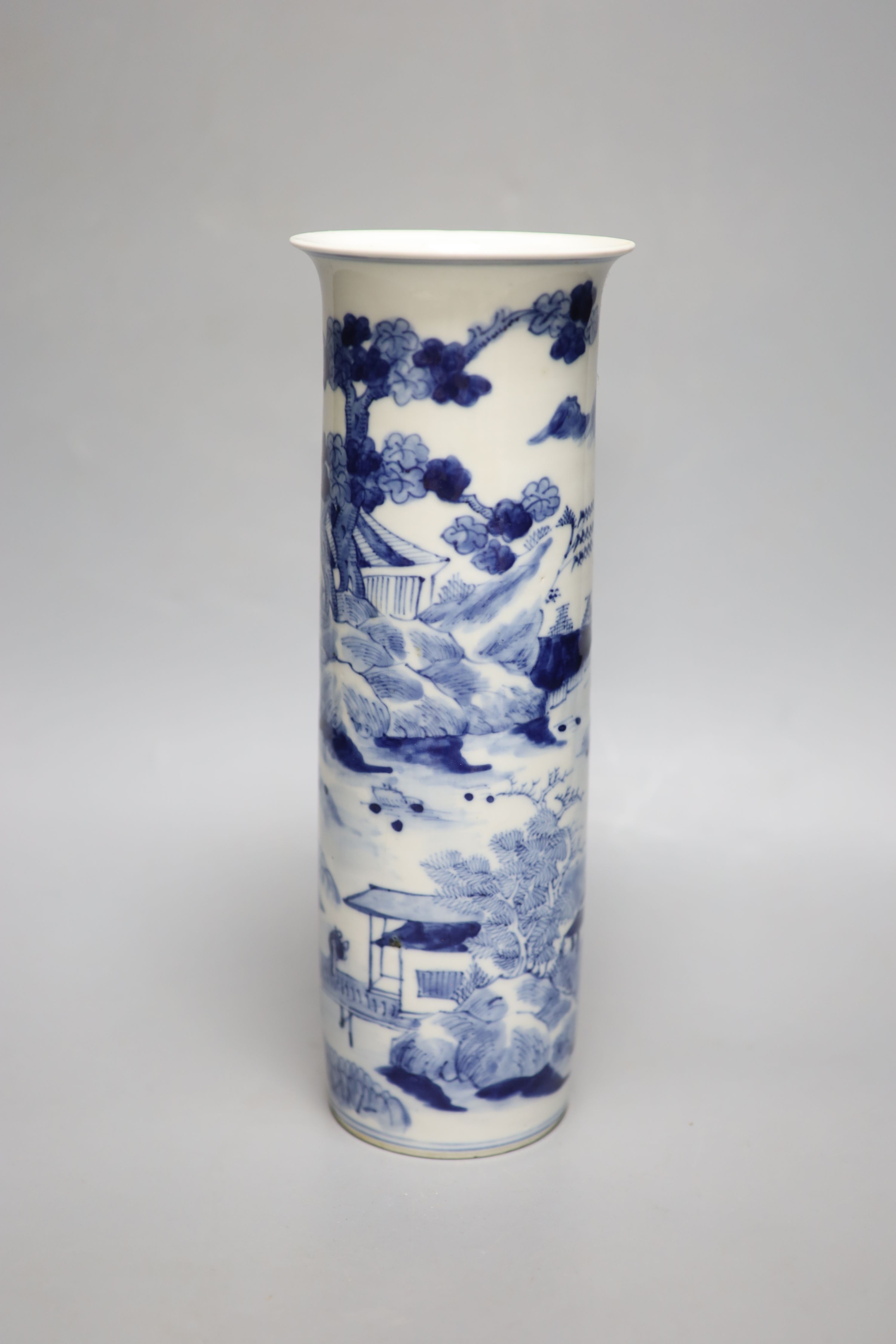 A Chinese blue and white sleeve vase, Kangxi mark but c.1900, height 30.5cm